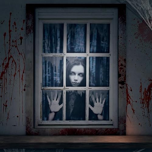 YUEBAOWAN Horror Halloween Window Decorations: Scary Halloween Decorations, HD Print Blood Horror Theme Poster for Indoor Outdoor Party Decor (White Eyes Ghost)
