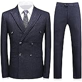KUDORO Mens Suits 3 Piece Slim Fit Suit Double Breasted Pinstripe Suit Formal Wedding Tuxedo Suit