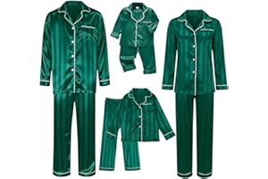 CGGMVCG Silk Matching Christmas Pajamas for Family Striped Button Down Shirt and Pants Silky Satin Xmas Pjs Sets for Pictures