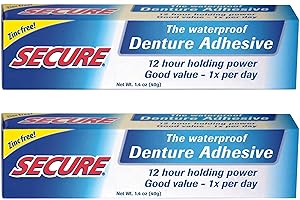 Secure Waterproof Denture Adhesive - Zinc Free - Extra Strong Hold for Upper, Lower or Partials - 1.4 oz (Pack of 2)