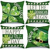 GEEORY Happy St. Patrick's Day Pillow Covers 18 x 18 Inch Set of 4, Green Shamrock Good Luck Leprechaun Hat Pinch Me Farmhouse Throw Pillowcases for Home Sofa Couch Cushion Decoration G431-18