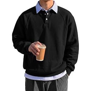 JMIERR Mens Casual Cotton Polo Sweatshirts Stripe Button Collared Shirts | Long Sleeve, 1/4 Button Collared, Fleece Sweater,