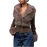 Verdusa Women's Faux Fur Furry Fuzzy Collared Zip Up Jacket Fall Clothes Slim Fit Winter Coats