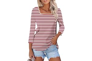 ROKIACDE 3/4 Length Sleeve Womens Tops,Basic Striped Tshirts Shirts Summer 2024 Gym Blouse Plus Size Athletic Tunic Top