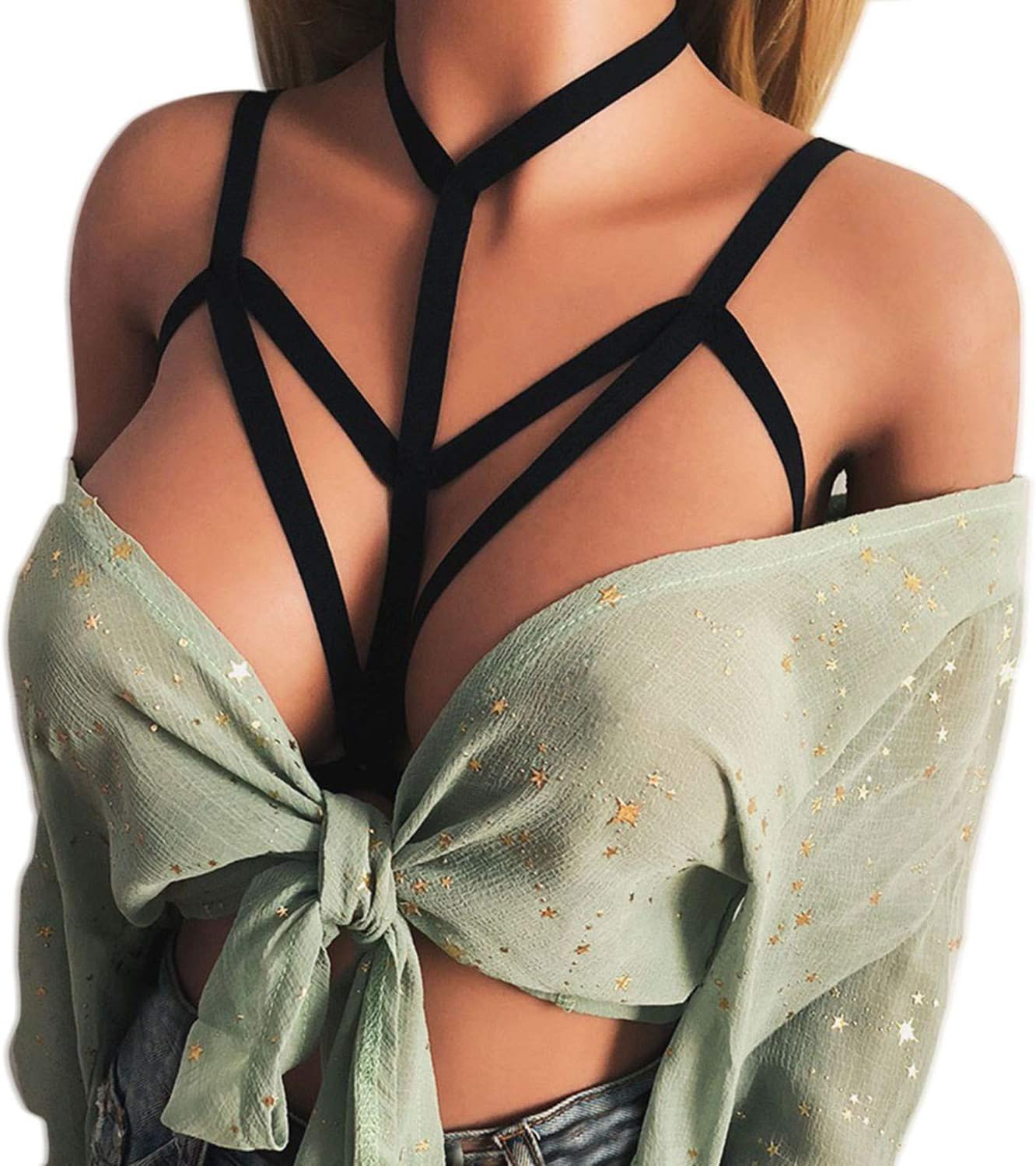 Frog Fun 2019 Women's Harness Body Bra Black Belt Elastic Cupless Cage Bras Bralette Crop Top