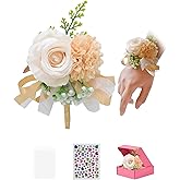 TyBasY Rose Wrist Corsage and Boutonniere Set, Wedding Prom Homecoming Artificial Flowers, Bridal Party Decor (Champagne Corsage Boutonniere Set)