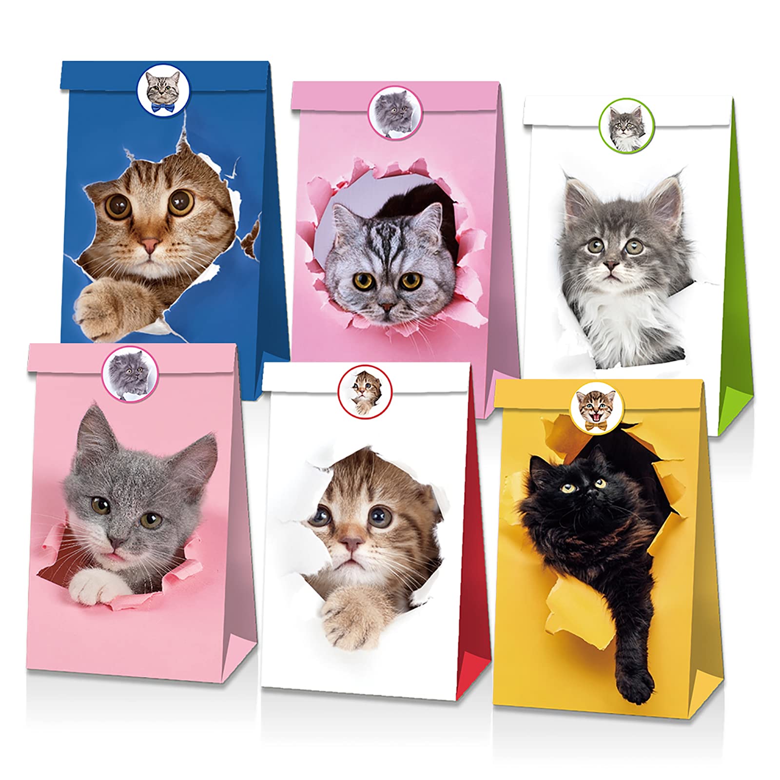 12-Pack Cat Gift Bags | Pet Themed Paper Bags| Party Favors Goody Bags for Kitten Lovers Birthday Party Candy Goodie Treat Bags Decorations