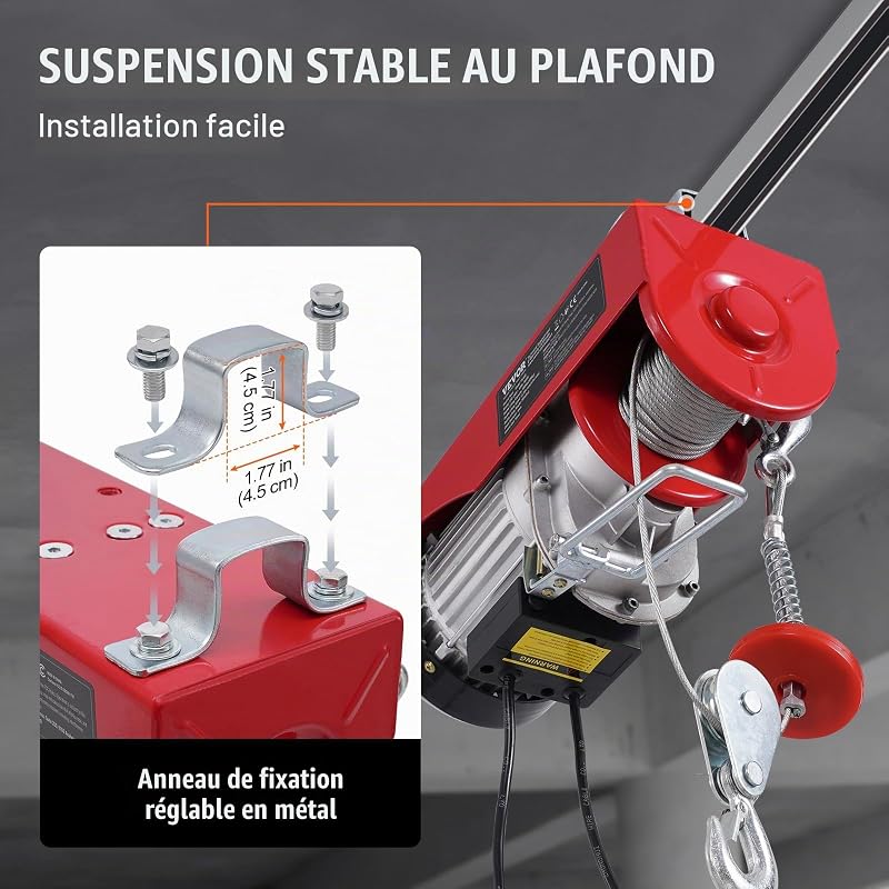 Palan Électrique, Charge Double Câble 400 kg, Télécommande Filaire 4,2 m, Hauteur Levage à Câble Simple 12 m, Élingue Simple Double, Arrêt d'Urgence, Palan Élévateur pour Garage, Entrepôt, Usine