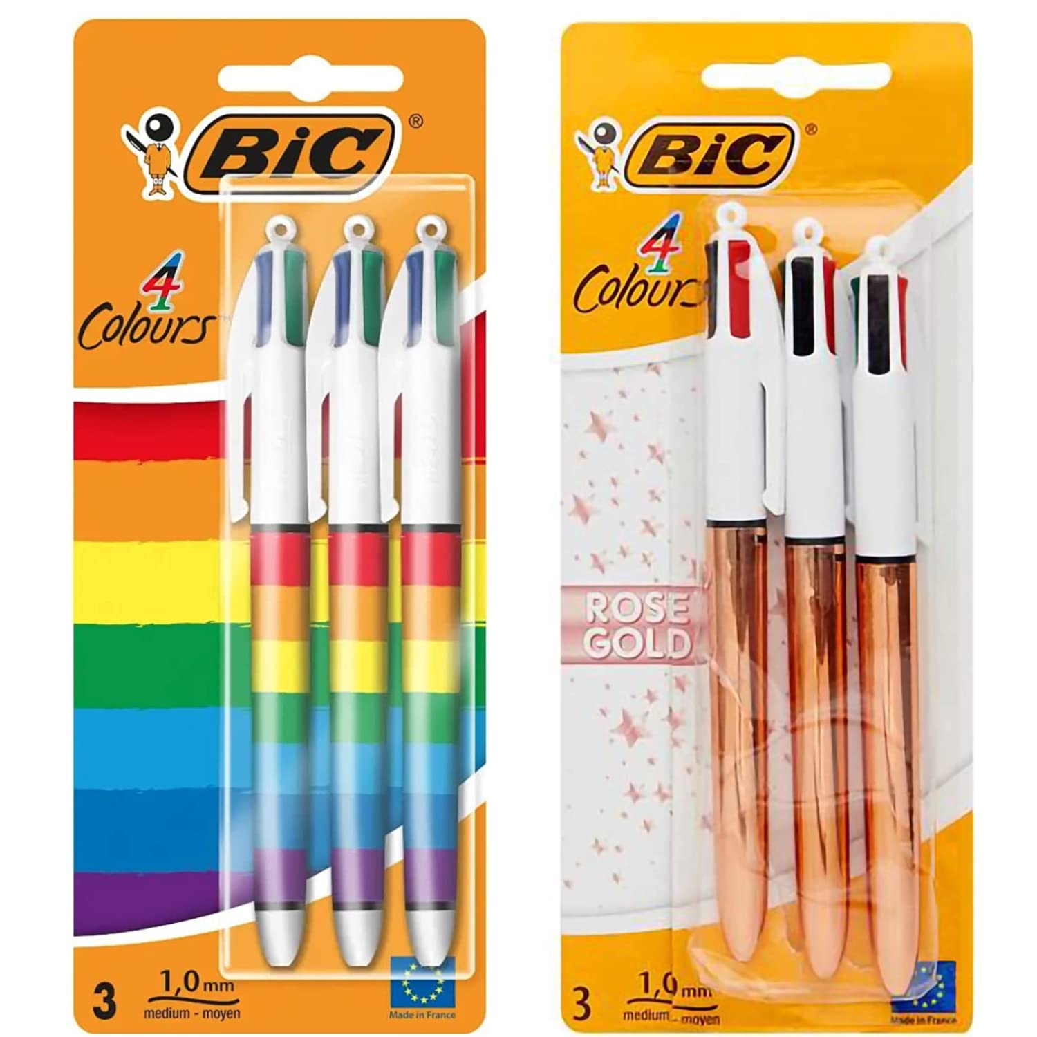 Khudadad Bic 4 Colour Ballpoint Pens - Rose Gold. Pack of 3 & Rainbow BIC 4 colours in 1 retractable ball pen pack of 3 (Total 6 Pens)