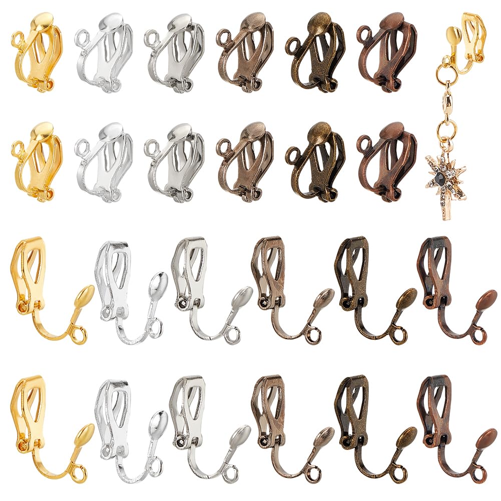 PH PandaHall 96pcs Clip-On Earring Hooks, 6 Colors Brass Non-Pierced Clip on Earring Components Clip on Earrings Converter Earring Clip Backs Ear Hooks Findings for Earrings DIY Jewellery Making