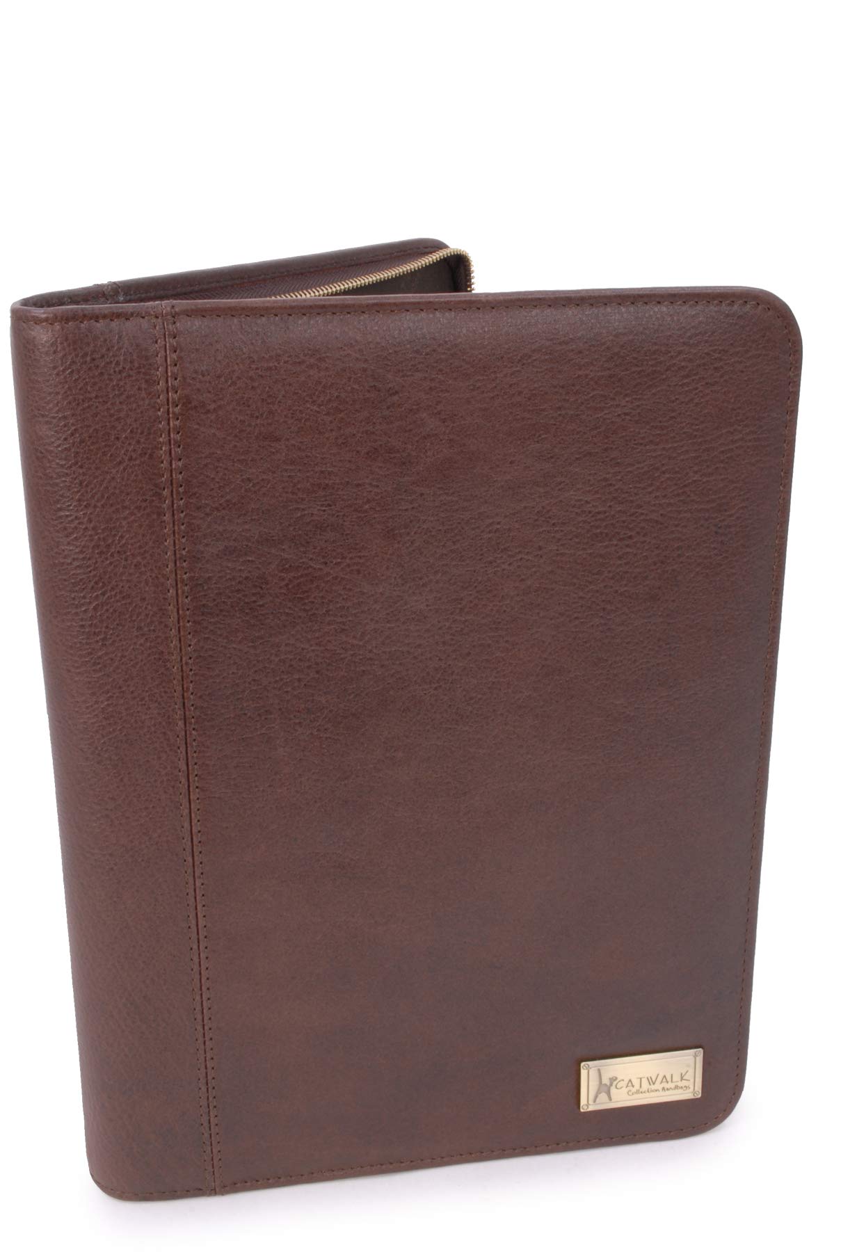 Catwalk Collection Handbags - Women's Leather A4 Zip Conference Folder - Business Document Portfolio with Notepad - Fits Tablet - Chloe - Brown