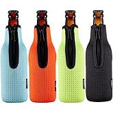 Beer Sleeve Insulators 12oz 330ml Standard Bottle Cooler Covers Zip-up Jacket Holder Non-slip Thick Neoprene Sleeves 4PC Pack (Orange/Green/Black/Light Blue)