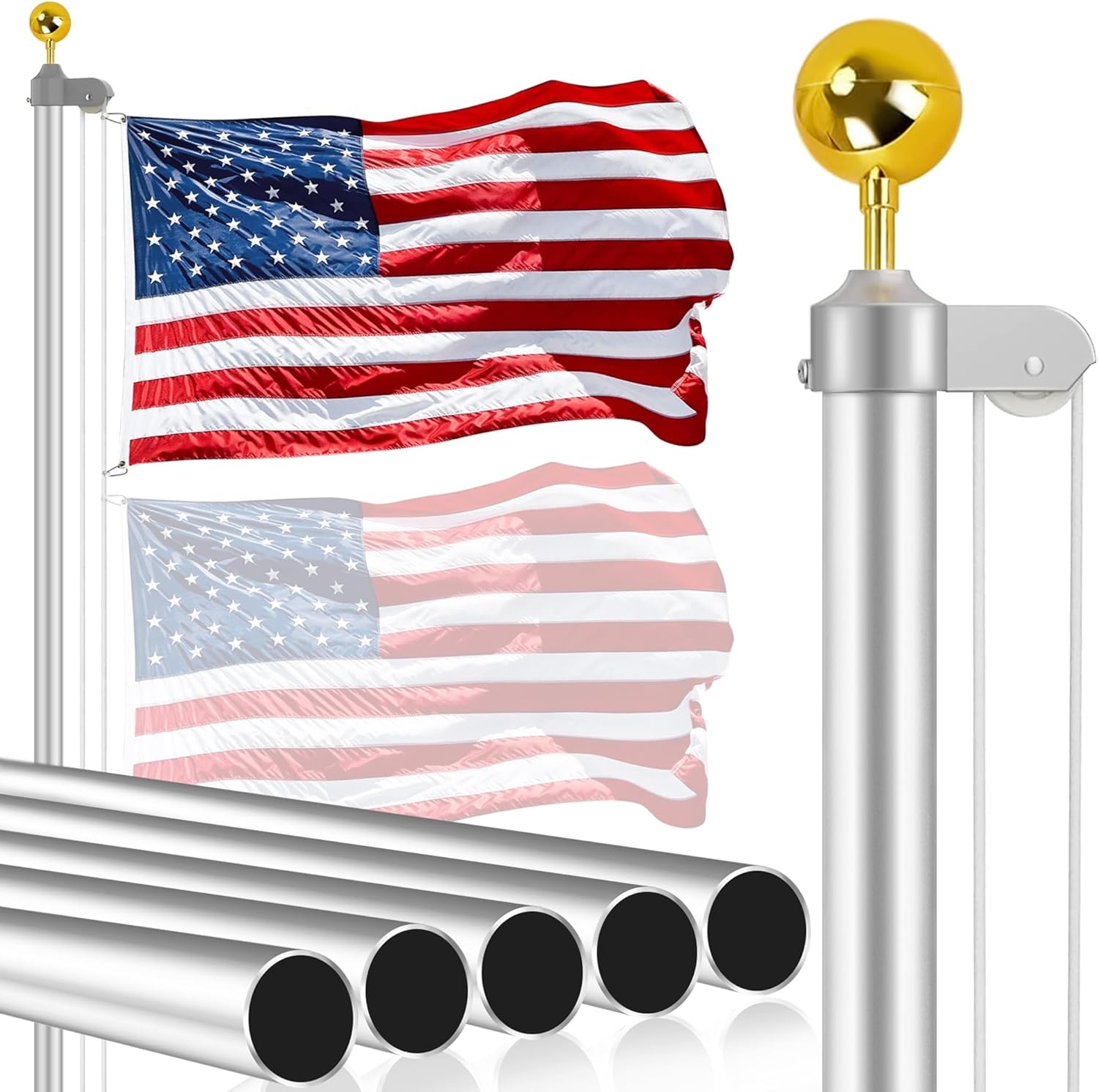 Flagpole Hardware - Flag Poles for Outside House Inground - 25 Ft Super Thick Flag Pole Kit - Heavy Duty Aluminum Flagpole with 3x5 American Flag - Outdoor Sectional Flagpoles for Yard, Residential, and Commercial