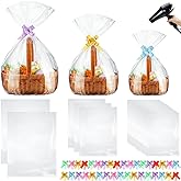 CHENGU 100 Pcs 3 Sizes Shrink Wrap Bags for Gift Baskets 20 x 28 16 x 24 14 x 18 Clear plastic Heat Shrink Cellophane Bags and 6 Color Pull Bows for easter Christmas Baskets Packaging