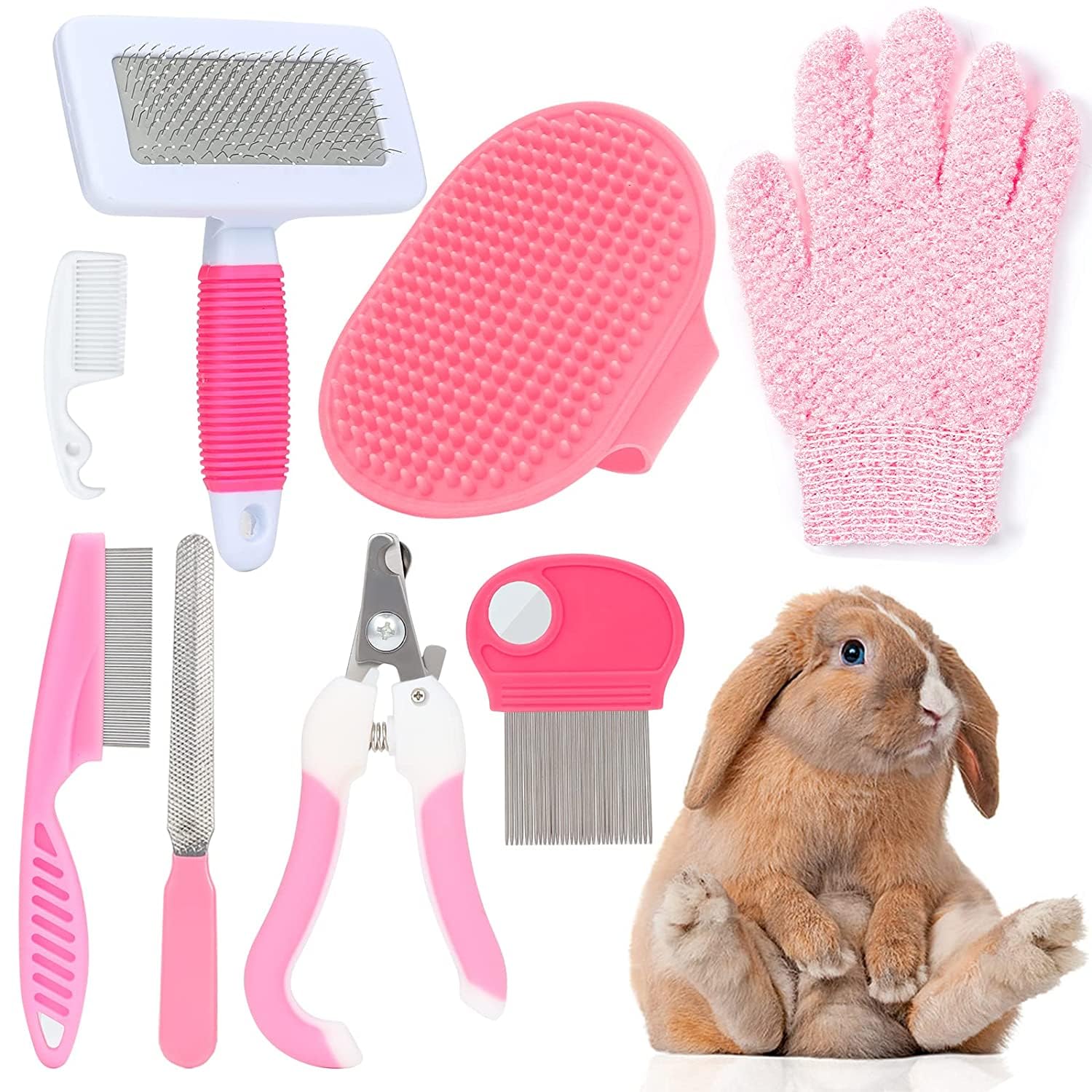 MIAOZ Rabbit Care Set with Nail Clippers and Trimmer, Pet Hair Remover, Long and File, Flea Comb, Shampoo Bath Brush for Rabbits, Puppies, Kittens, Guinea Pigs, Ferrets, Small Animals (Pink)