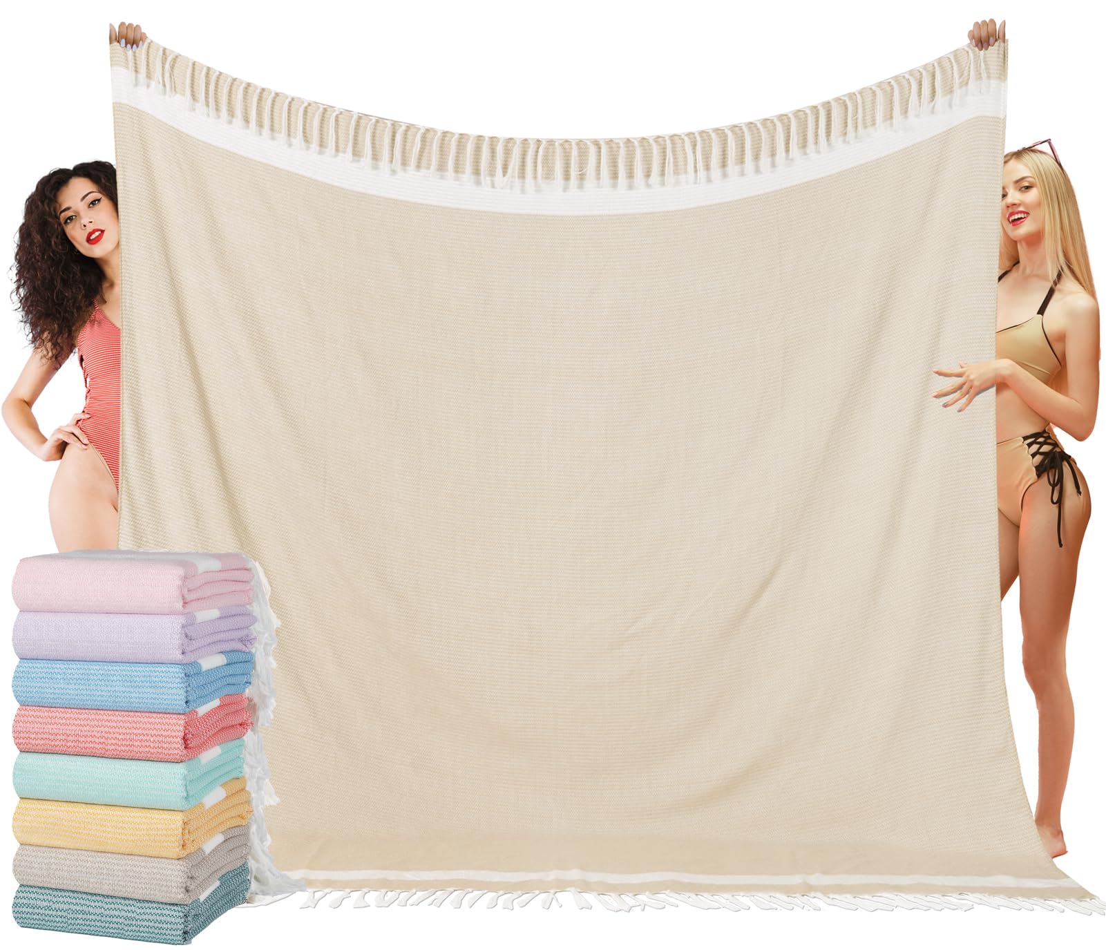 Photo 1 of 1PC  Oversized Turkish Beach Towel Blanket XXL Cotton Sandproof Towels Boho Woven Extra Large Big Sand Free Giant Throw Thick Blankets Huge Quilt XL Picnic Camping Necessities Cloud For Adult Gifts Beige