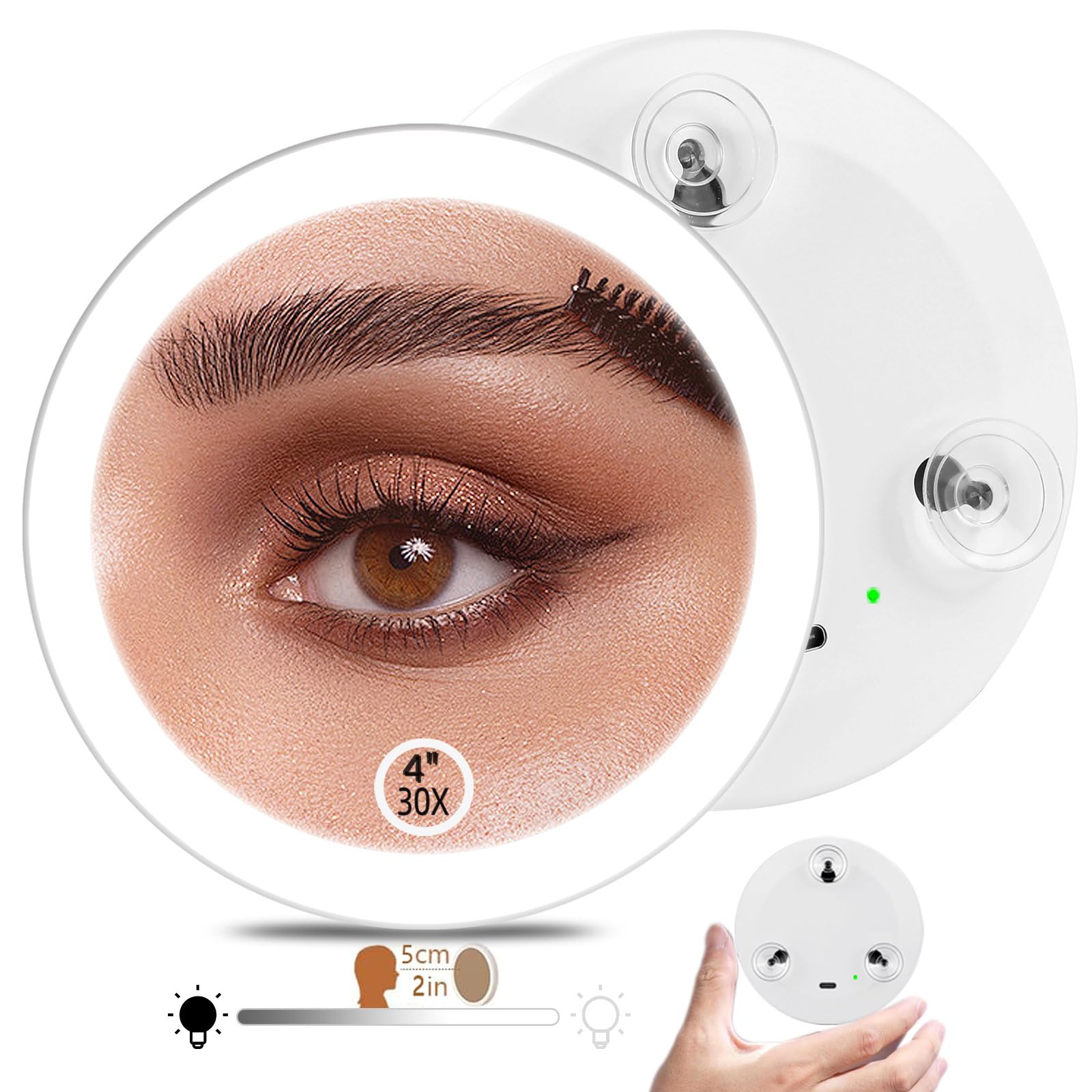 Photo 1 of 4" 30x Small Lighted Pocket Magnifying Mirror, 3.5" Inner Diameter 30 Times Strongest Magnification Mirror with Suction Cups, Just for Detail Makeup, Portable 30X Zoom in Mirrors for Travel (White)