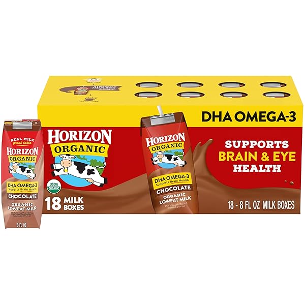 HORIZON ORGANIC SHELF STABLE 1% LOWFAT DHA OMEGA-3 CHOCOLATE MILK BOXES, 8 FL OZ, 18 COUNT – 8G PROTEIN PER SERVING, USDA ORGANIC UHT FROM PASTURE-RAISED COWS, READY TO DRINK FOR LUNCHBOX, TRAVEL, OR ON-THE-GO, NO REFRIGERATION NEEDED