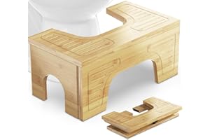 OLLDIDE Foldable Bamboo Toilet Stool Squat Adjustable Heights for Adults and Kids, 7" & 9" Flip Poop Stool for Bathroom - Improve Squatting Posture and Comfort, Portable Potty Step Stool with Anti-Slip Layer