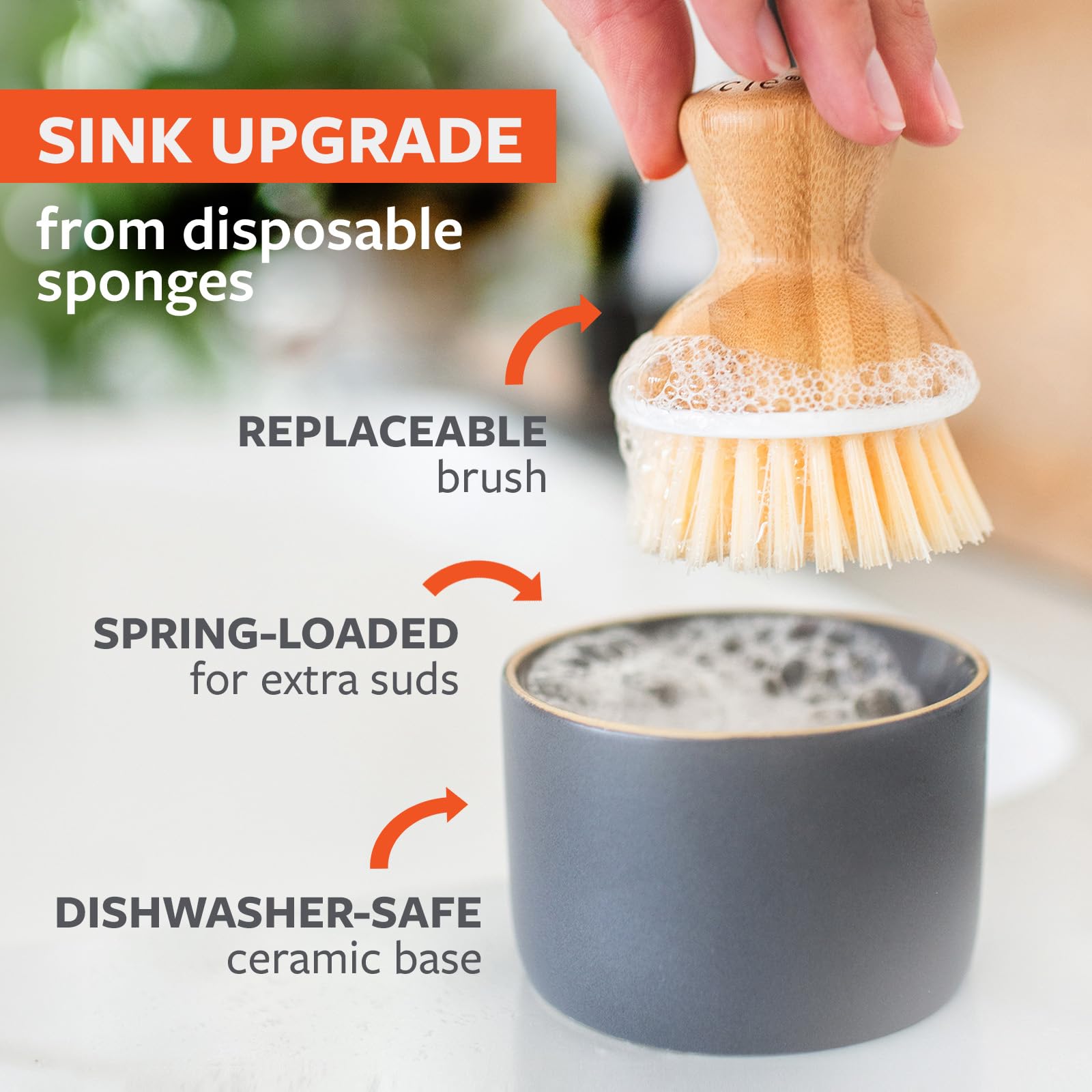 Full Circle Bubble Up Bamboo Dish Brush & Ceramic Soap Dispenser-Family Safe, Formaldehyde-Free-Kitchen Scrub Brush for Dishes, Nonstick & Cast Iron,Gray