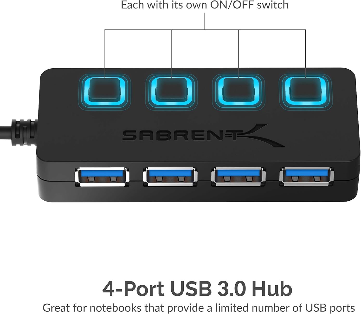 Sabrent 4-Port USB 3.0 Hub with Individual LED Power Switches | 2 Ft Cable | Slim & Portable | for Mac & PC (HB-UM43): Computers & Accessories