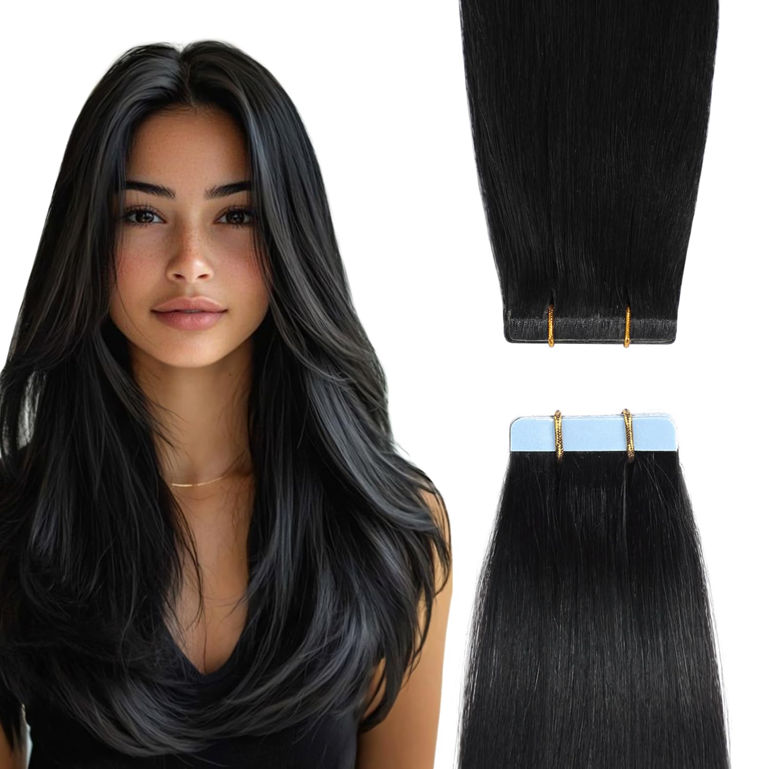 YILITE Tape in Extensions Human Hair 22inch 20pcs 50g/Pack Real Human Hair（#1-AB Jet Black）