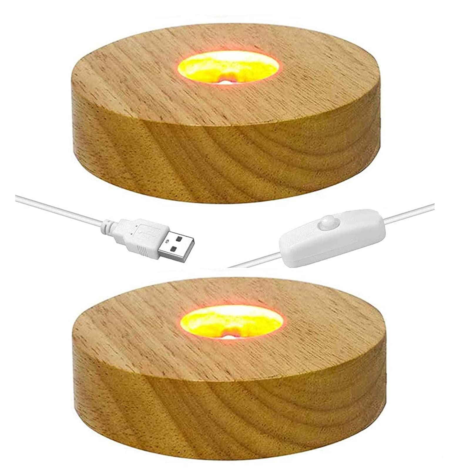 CDIYTOOL Wooden LED Light Base, 2 Pack Round LED Light Display Base Plate Desktop Display Stand Ornament Powered by USB for Crystal Ball Jewelry Glass Resin Art Vase Acrylic