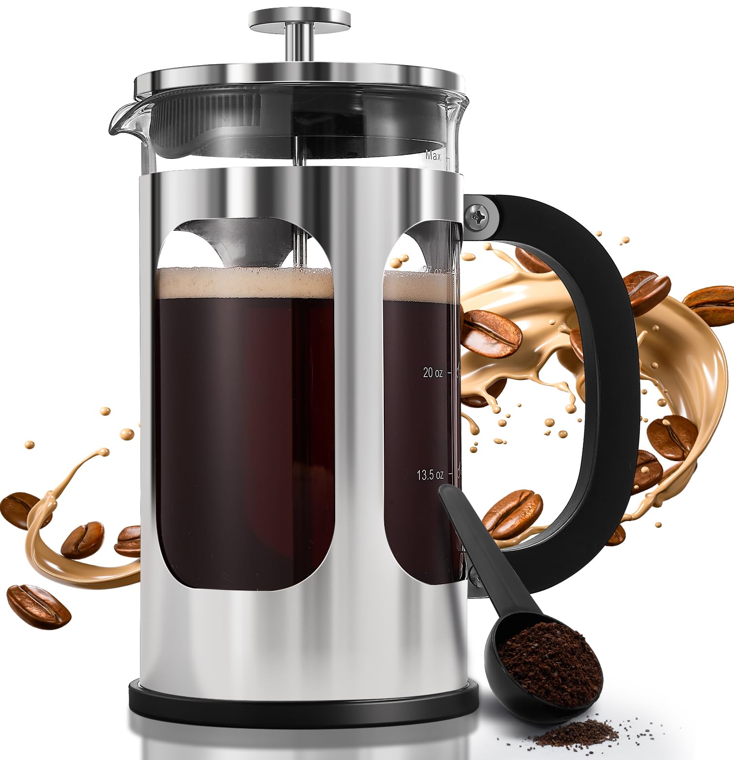 Photo 1 of BAYKA 34oz French Press Cold Brew Coffee Maker, Heat and Cold Resistant Thickened Borosilicate Glass Stainless Steel Coffee Press, Iced Coffee Pot Tea Pitcher for Kitchen Travel Camping,1 Liter,Silver