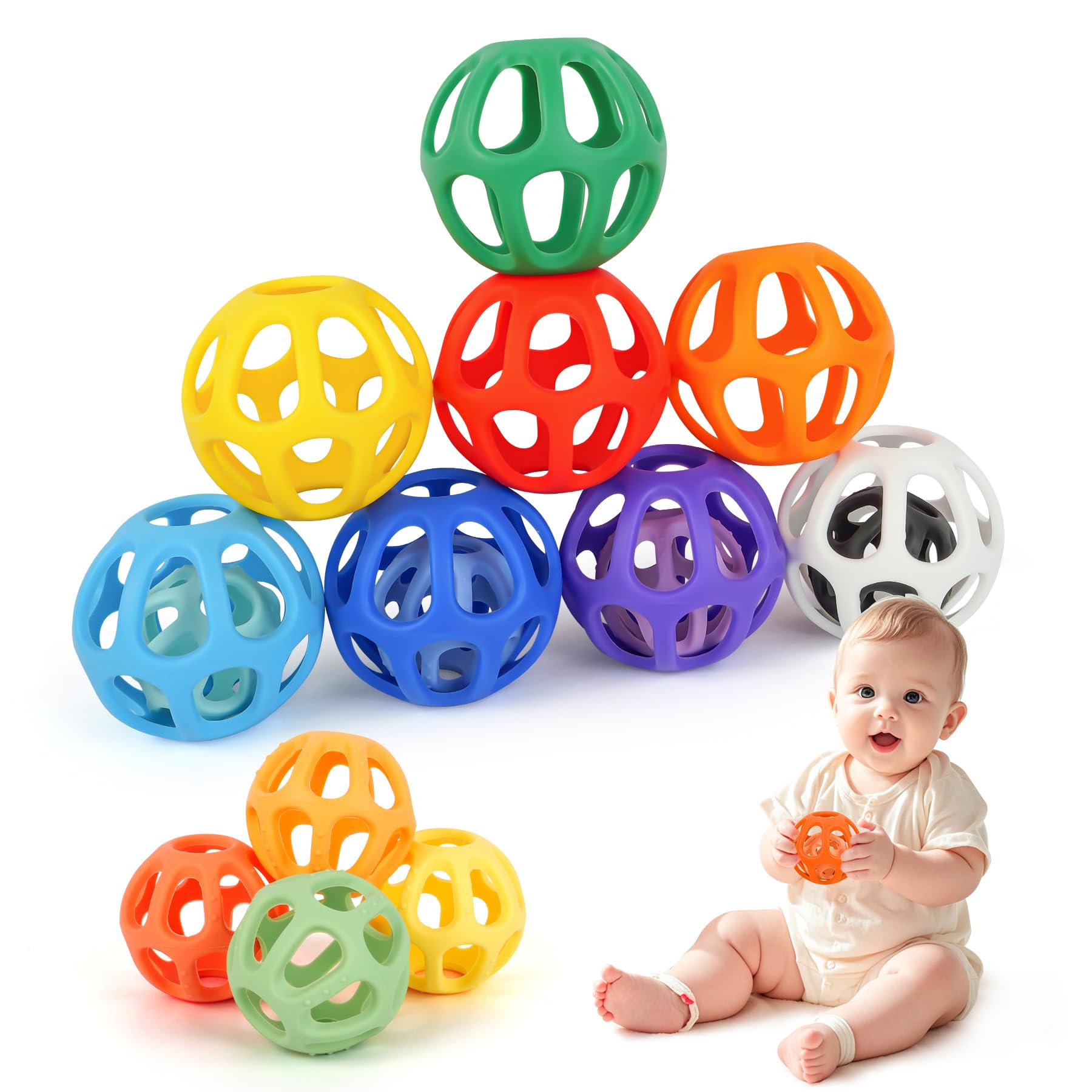 Photo 1 of MCGMITT Baby Ball Toy with Holes, 8PCS Easy Grip Food Grade Silicone Baby Toys 0-6 Months, Colorful Soft BPA Free Montessori Baby Teethers 6-12 Months, Stretchy Newborn Infant Sensory Balls