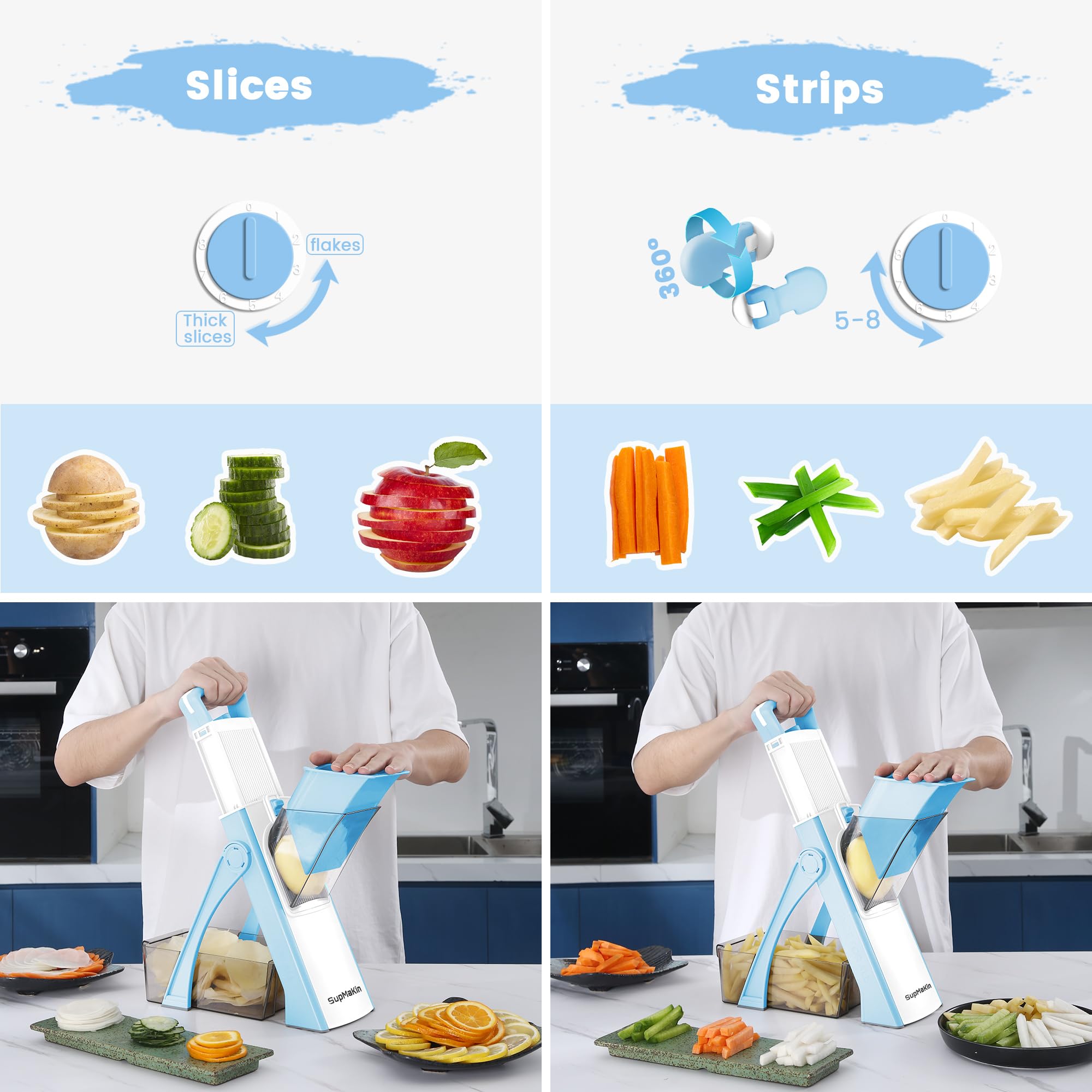 Upgrade Safe Mandoline Slicer Plus for Kitchen, SupMaKin Bigger Port Vegetable Food Potato Chopper, Adjustable Thickness, Julienne & Dicer With Vegetable Spiralizer (LightBlue)