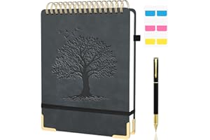 A4 Top Spiral Notebook, Tree Pattern Large Leather Hardcover Left Handed Journal, 240 Pages 100 Gsm Lined Paper Top Bound Ste