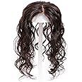 Curly Human Hair Forehead Topper for Women with Thinning Hair, Clip in 3.5" x 5.5" Silk Base Top Hairpieces Wiglets, 8" Natural Black