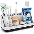 GFWARE Marble Bathroom Countertop Organizer - Detachable 7 Slots Kids Electric Toothbrush and Toothpaste Holde Drainage for Bathroom Accessories Organization Counter Vanity Storage, Black