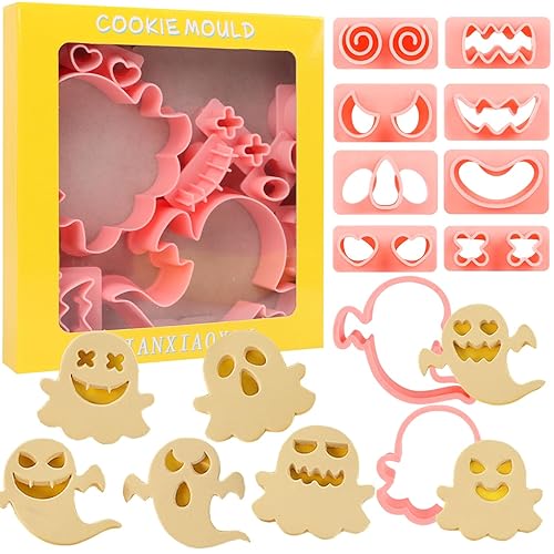 VEYLIN Halloween Ghost Cookie Cutters Set, 10 Pieces Biscuit Cookie Cutter with Various Expressions Ghost Cookie Cutters