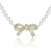 Juicy Couture Womens Faux Pearl Bow Necklace with Clear Stones, 18"+2" Gold-Tone Bow Pendant Necklace