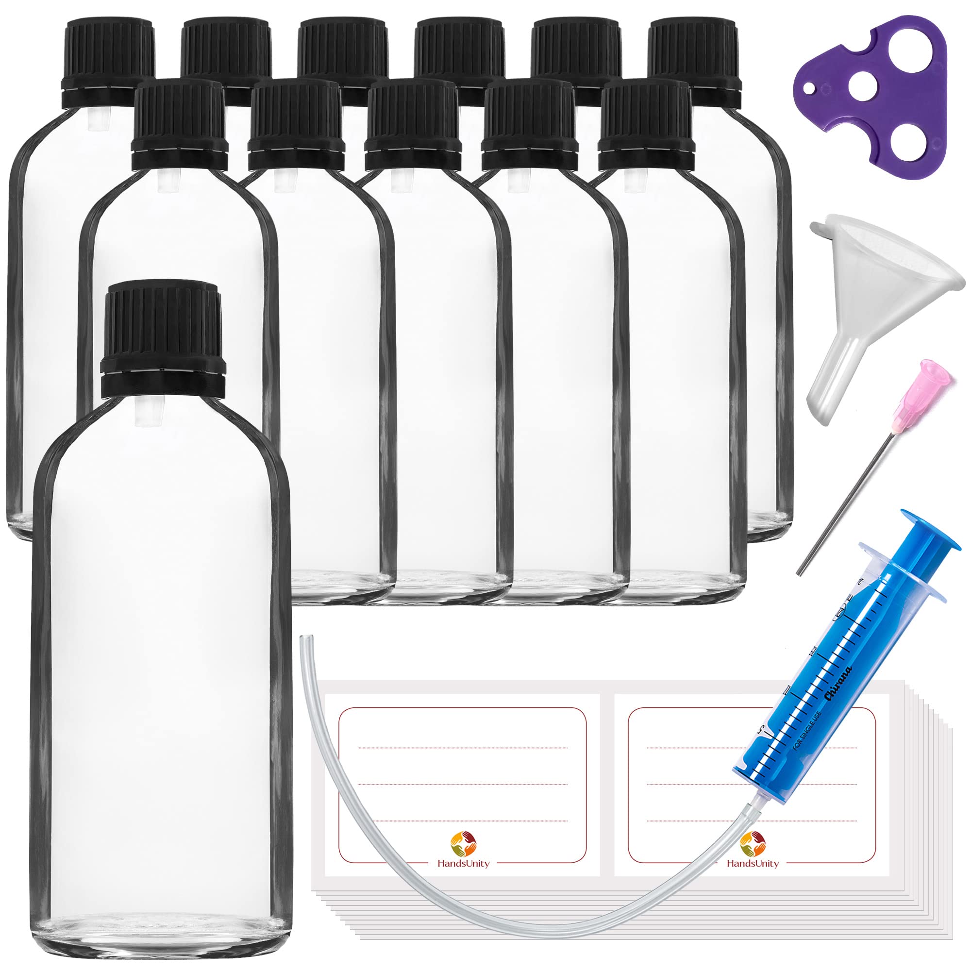 HandsUnity 100ml-12pcs of Dropper Insert Bottle - Small Clear Glass Bottle Apothecary Glass set with Black Dropper Insert Cap made of Transparent Glass set including 30 auxiliary Accessories