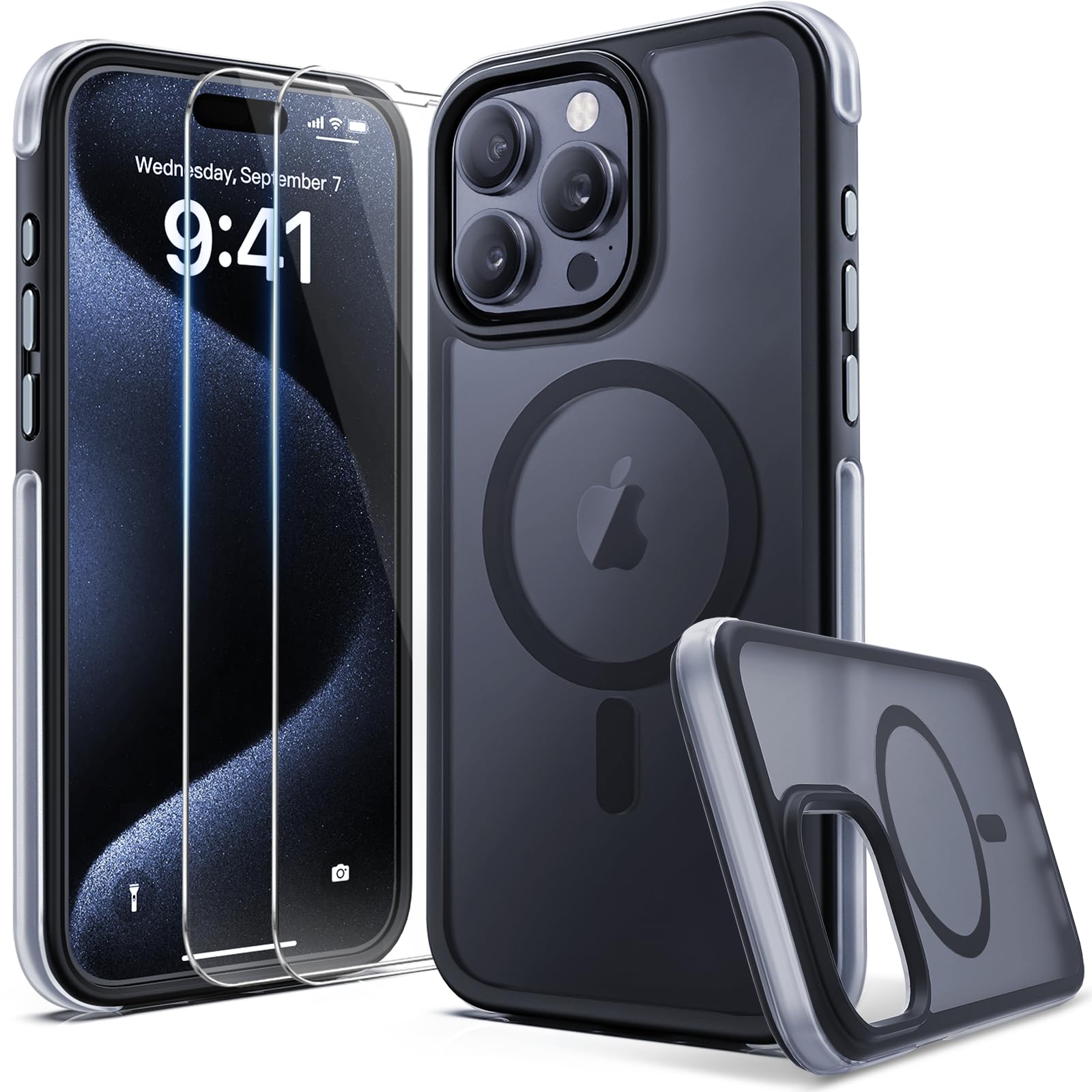 for iPhone 15 Pro-Max Case: with 2X Tempered Glass Screen Protector Military Drop Protection Matte Black Phone Case for MagSafe - Shockproof Translucent Magnetic Cover for Apple 15 Pro Max