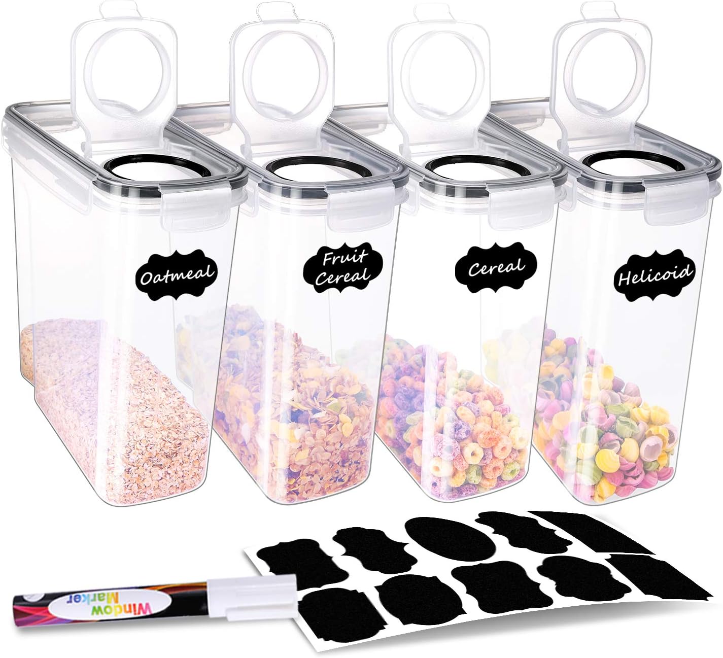 BINLAN Cereal Storage Containers - 4 Piece (135oz) Airtight Food Storage Containers - Large Kitchen Pantry Storage Container Set - Dispenser Keepers with 20 Labels & Pen - Black