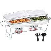 Sterno Disposable Chafing Dish Buffet Set With 6-Hour Fuel, 10 Piece | 1 full-size buffet setup with 2 cans of fuel, water pan, 2 half-size food pans, 2 lids, wire rack, and serving utensils
