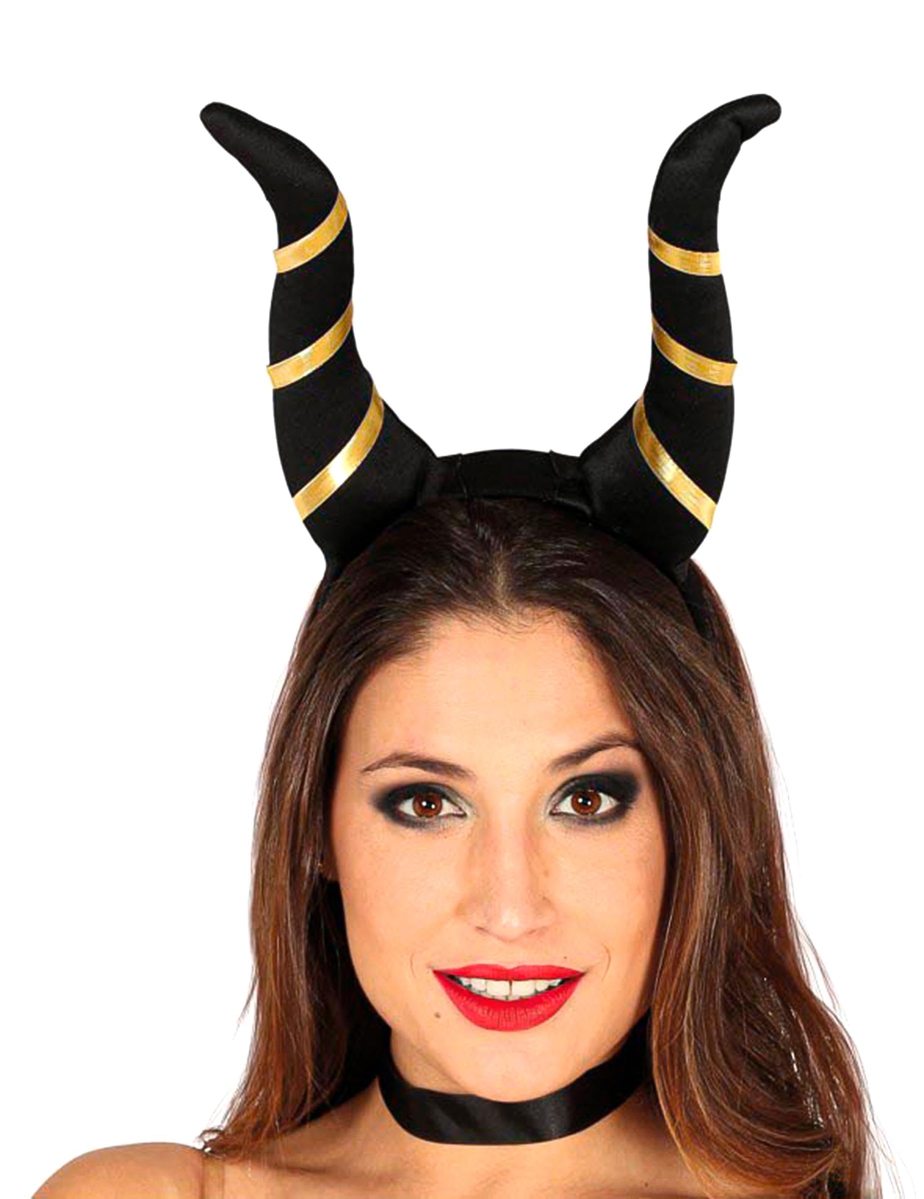 Guirca - Headband with Black Horns Giant Devil Maleficent Egyptian God Adult, Black, Gold, 17405