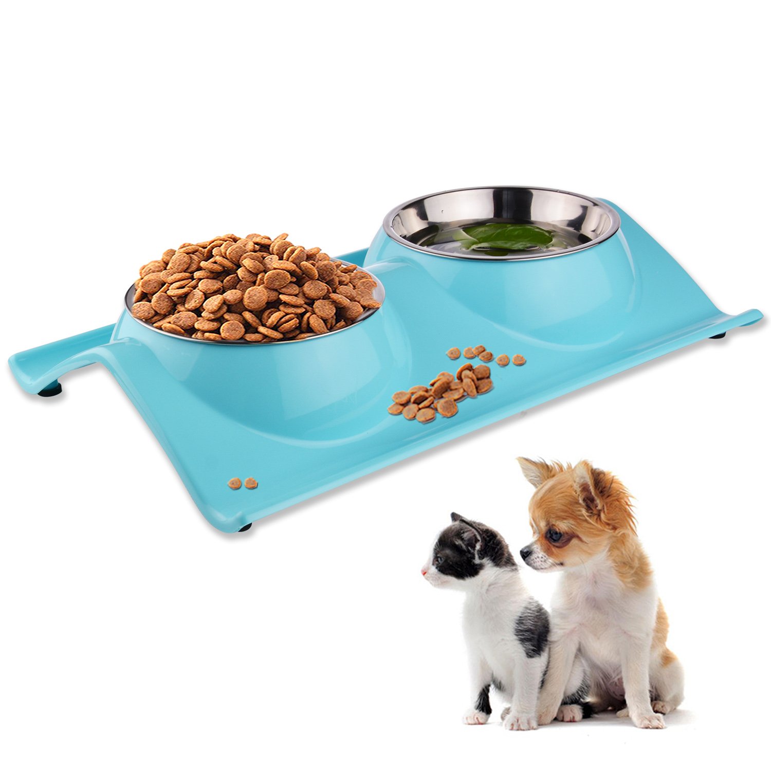 Double Dog Cat Puppy Bowls Stainless Steel Pet Bowls Pet Food Water Feeder with Non Spill Skid Resistant Base for Small Dogs and Cats (blue)