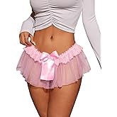 OYOANGLE Women's Mesh Babydoll Lingerie Cute Bow Tie Ruffle Lace Trim Thong Panty Low Rise Underwear