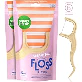 SmartLifeco Eco-Friendly Dental Floss Picks (100ct) - Flossers Made With Straw Wheat Blend, Strong Anti-Shred Thread For Tight Gaps, Tooth Pick Stick For Adults, Soft on Gum &amp; Teeth, Vegan, Unflavored