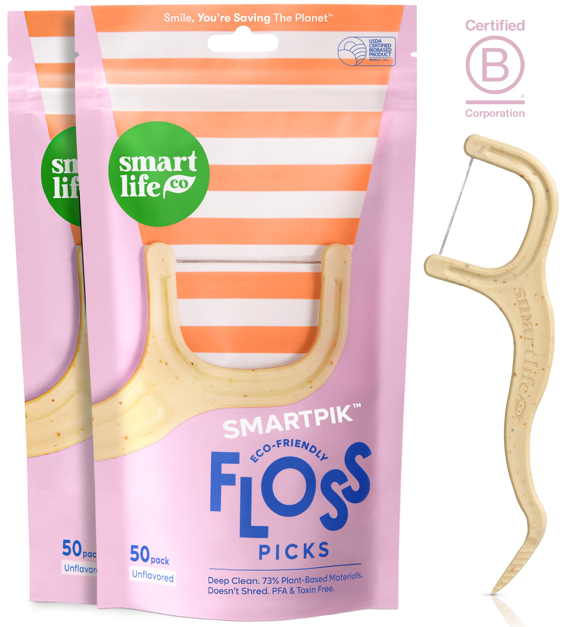 Photo 1 of SmartLifeco Eco-Friendly Dental Floss Picks (100ct) - Flossers Made With Straw Wheat Blend, Strong Anti-Shred Thread For Tight Gaps, Tooth Pick Stick For Adults, Soft on Gum & Teeth, Vegan, Unflavored