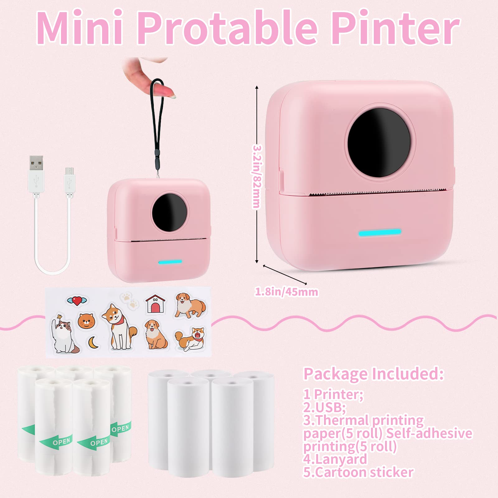 HuiJuKeJi Mini Sticker Printer Bluetooth Smart Pocket Inkless Thermal Printer with 11 Rolls Thermal Paper and Sticker for iOS&Android Print Pod, Portable Receipt Printer for Photo Journal Notes Memo