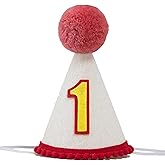 GORNZX First Birthday Party Hat with Red Pom Pom, White Cone Shape Design, Red and Yellow Number 1, Birthday Party Celebration Accessory