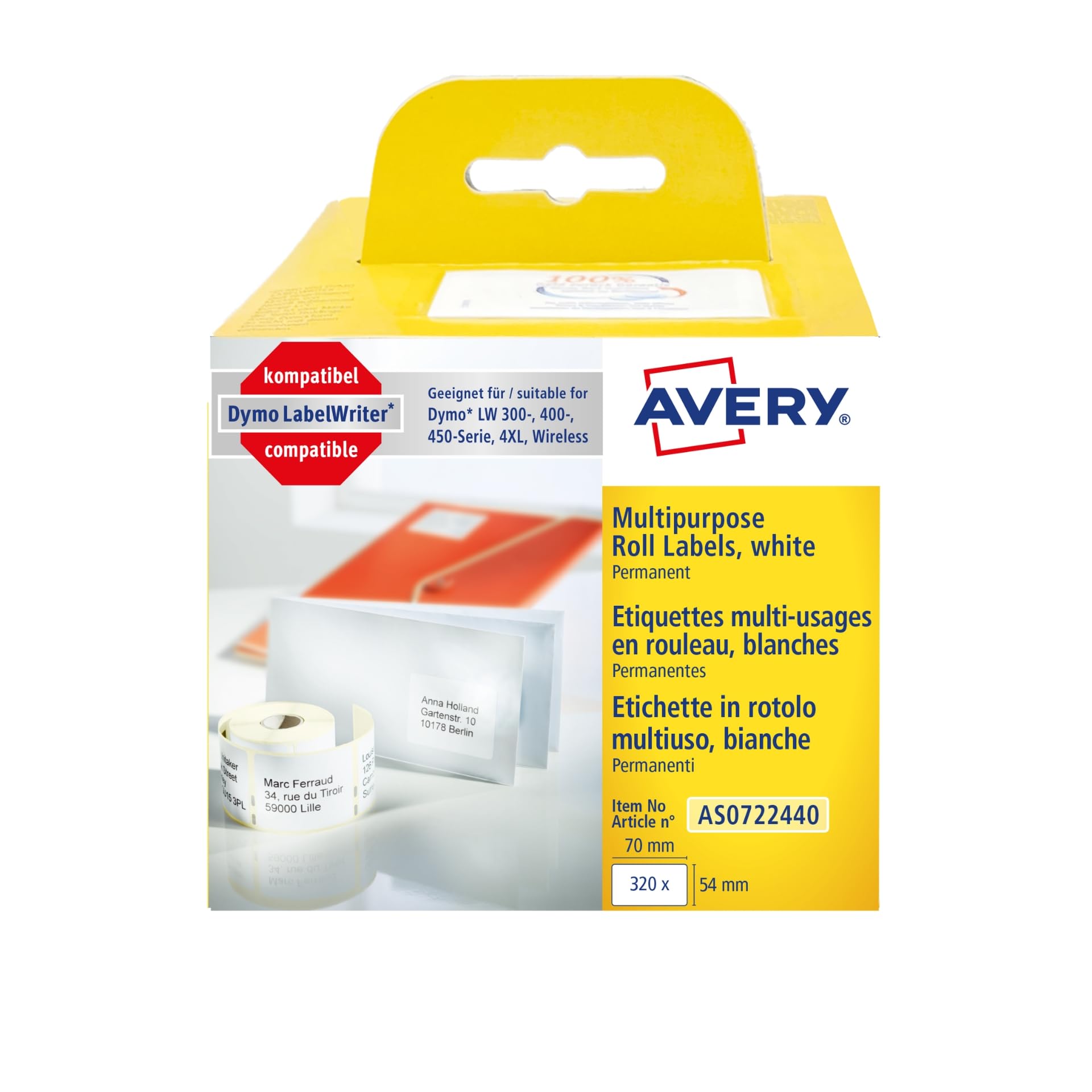 Avery Zweckform Dymo LabelWriter Compatible with 0722440 White 320 Items 70 x 54 mm White AS0722440