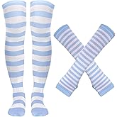Tongcloud Women's Striped Knee High Socks, Over Knee Thigh High Socks, Arm Warmer and Fingerless Gloves Set (US, Alpha, One Size, Regular, Regular, Light Blue and White)