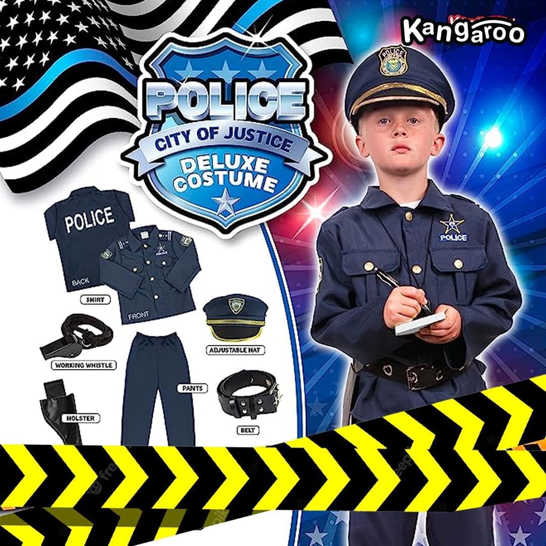 Kangaroo Police Costume for Kids – 12 Pc Black Cop Outfit with Hat, Badge, Handcuffs, Holster & More