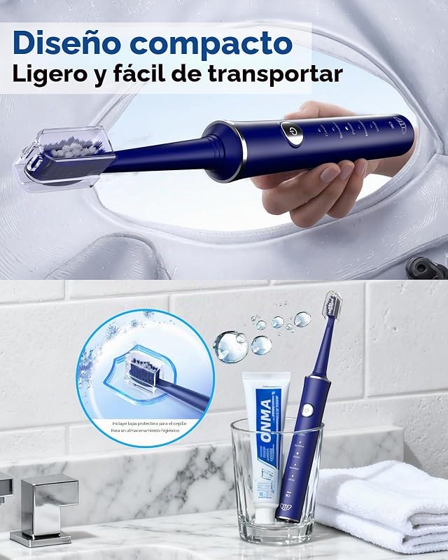 Cepillo de Dientes Eléctrico Sónico – Limpieza Profunda para Encías Sensibles, 5 Modos, 45 Días de Batería, 8 Cabezales, IPX7 Impermeable, Temporizador Inteligente, Ideal para Viajes (Azul)
